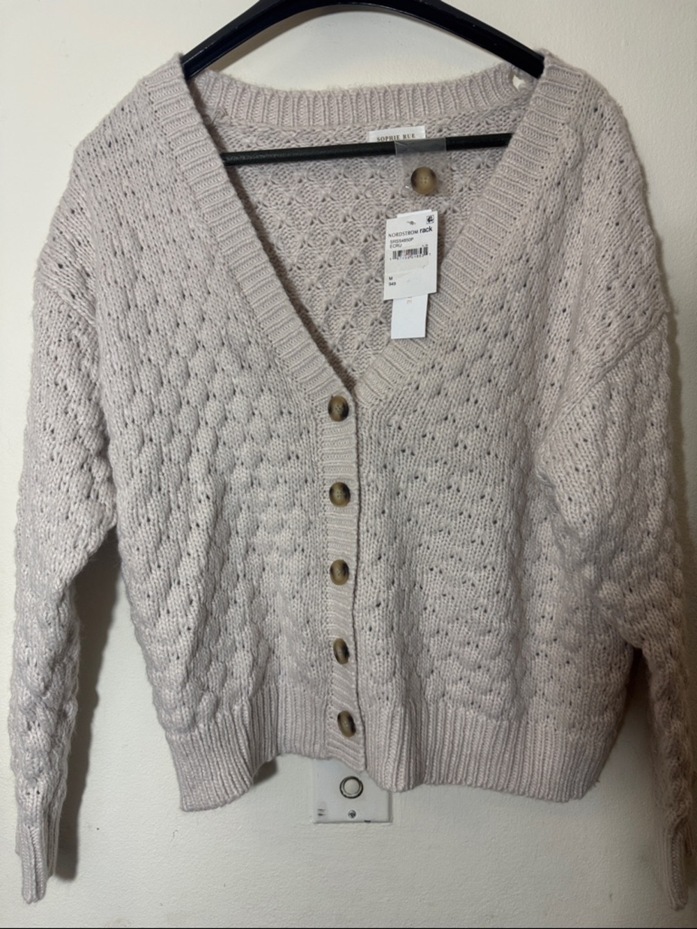 Sophie Rue Ecru Textured V-Neck 5 Button Cardigan NWT Sz M Defect on back collar